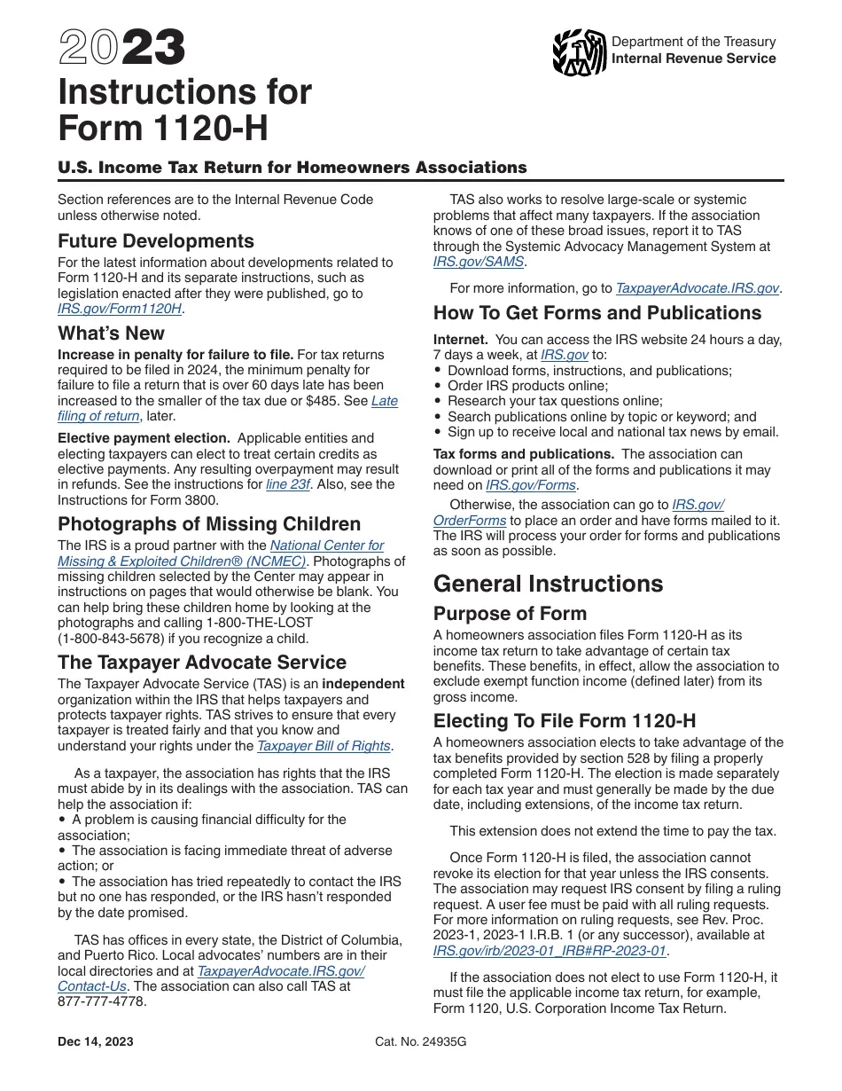 Download Instructions For IRS Form 1120 H U S Income Tax Return 
