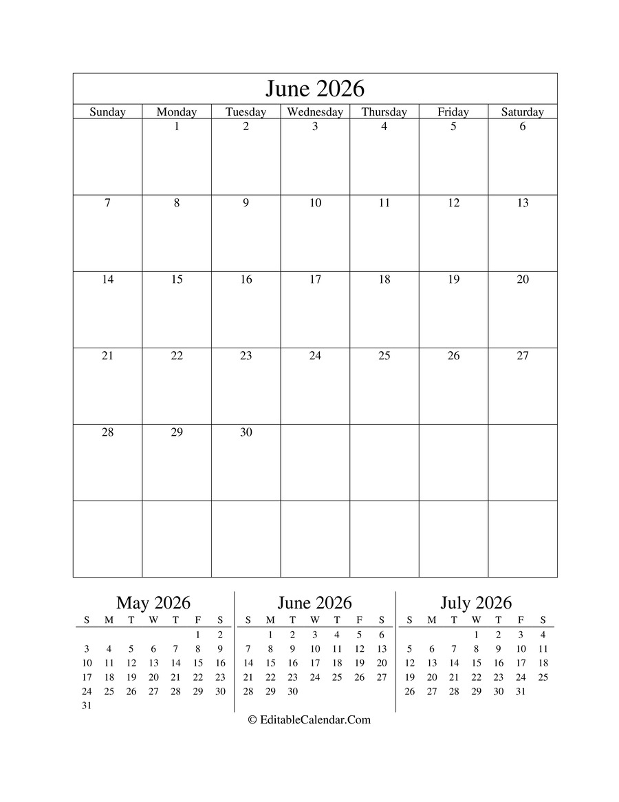 Blank June Calendar 2026 Portrait