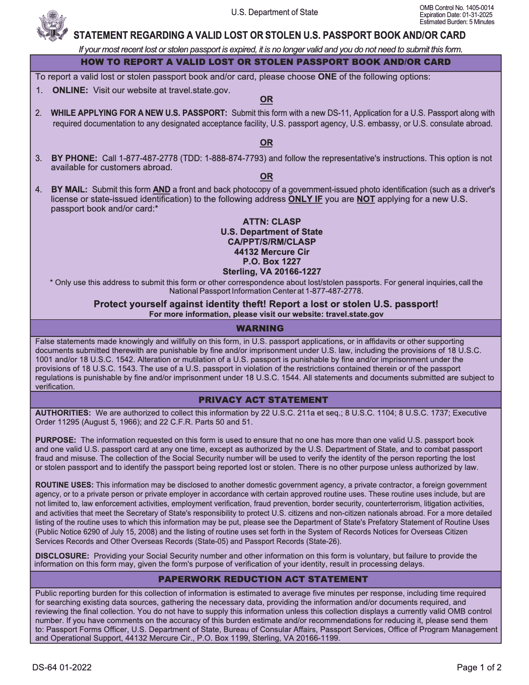 DS 64 Statement Regarding A Valid Lost Or Stolen U S Passport 