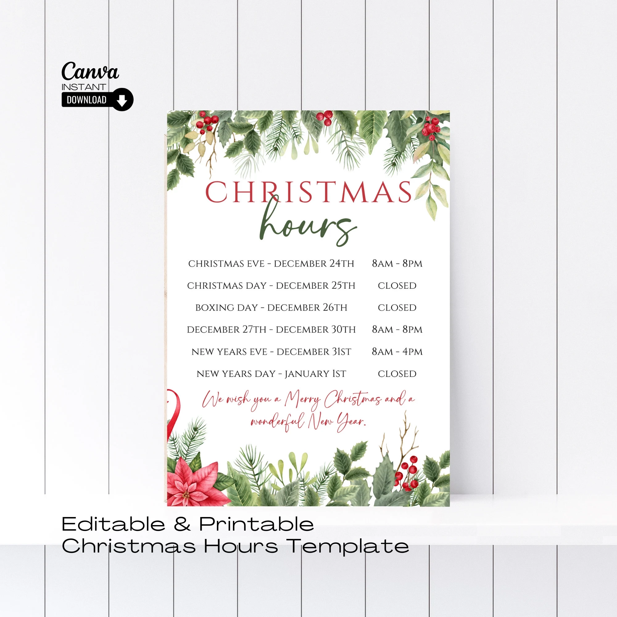 Printable Holiday Hours Template