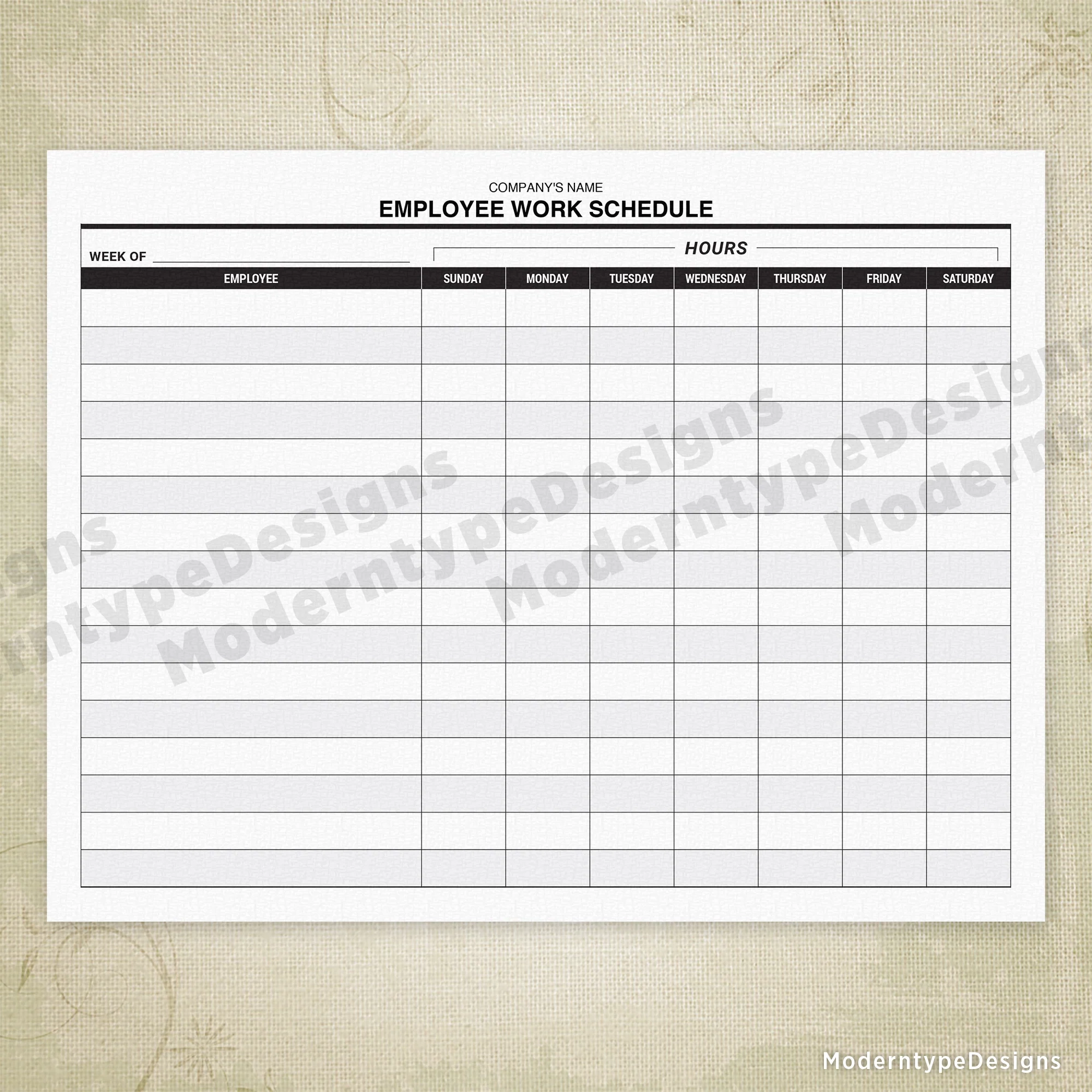 Employee Work Schedule Printable Form Sunday Saturday Personalize