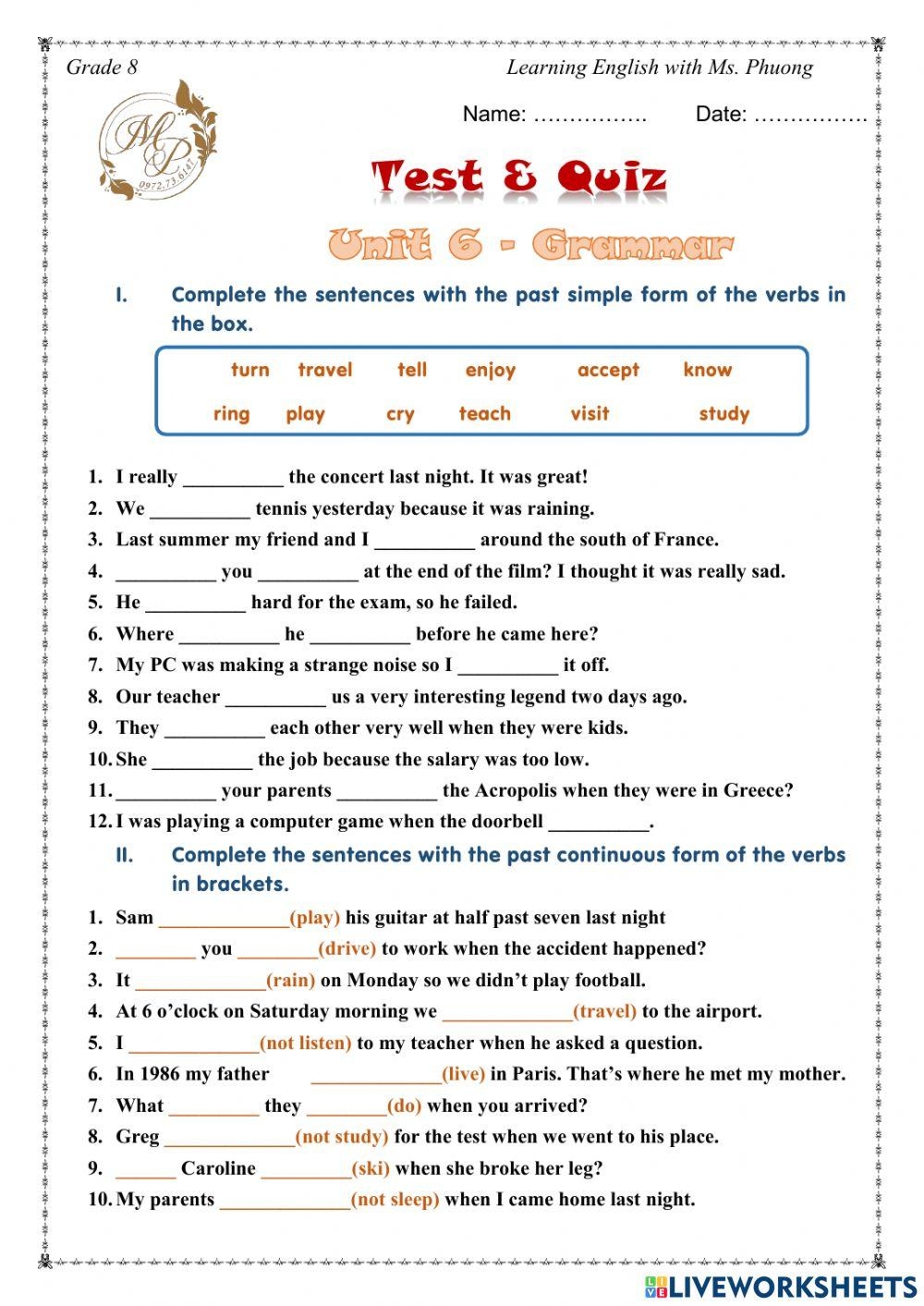English 8 Uni Free Interactive Worksheets 1769052