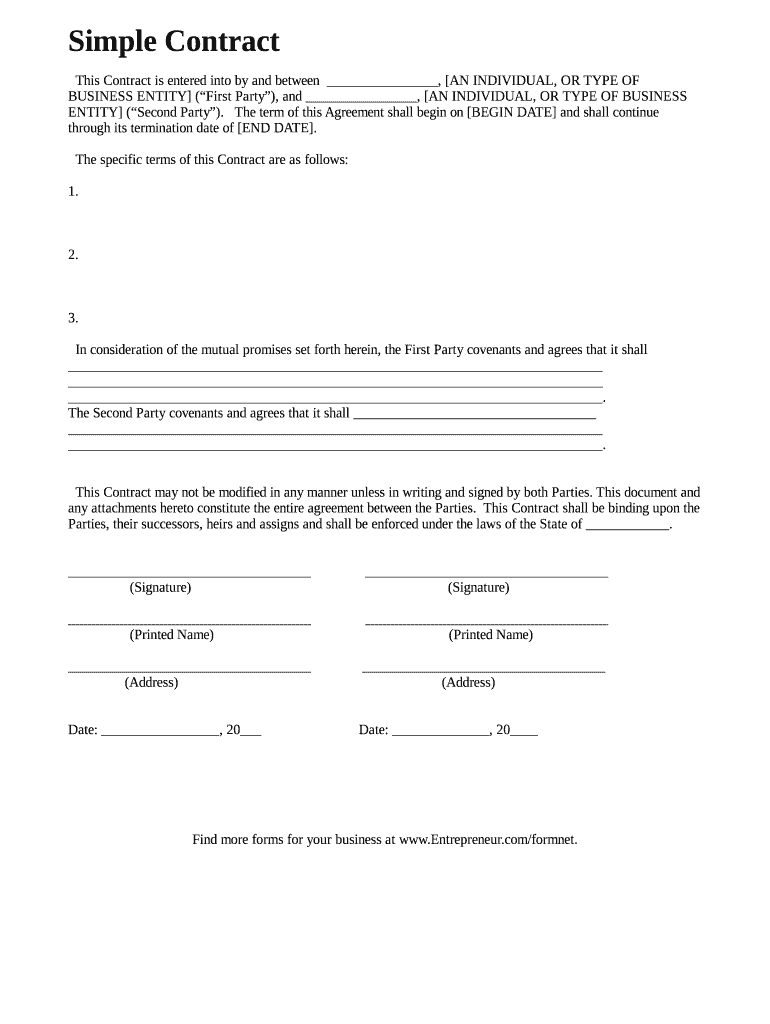 Entrepreneur Simple Contract Form Fill Online Printable 