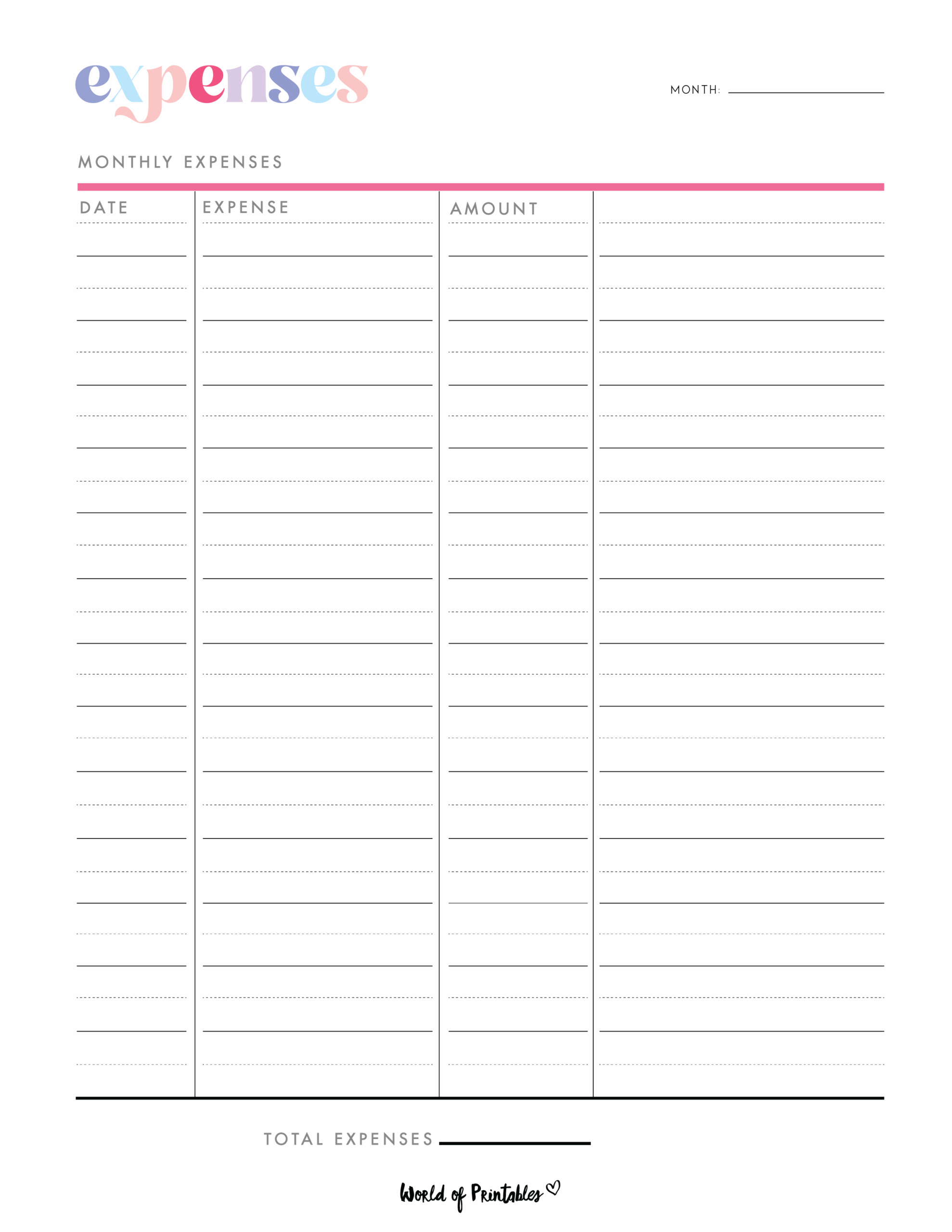 Monthly Expenses List Printable Free
