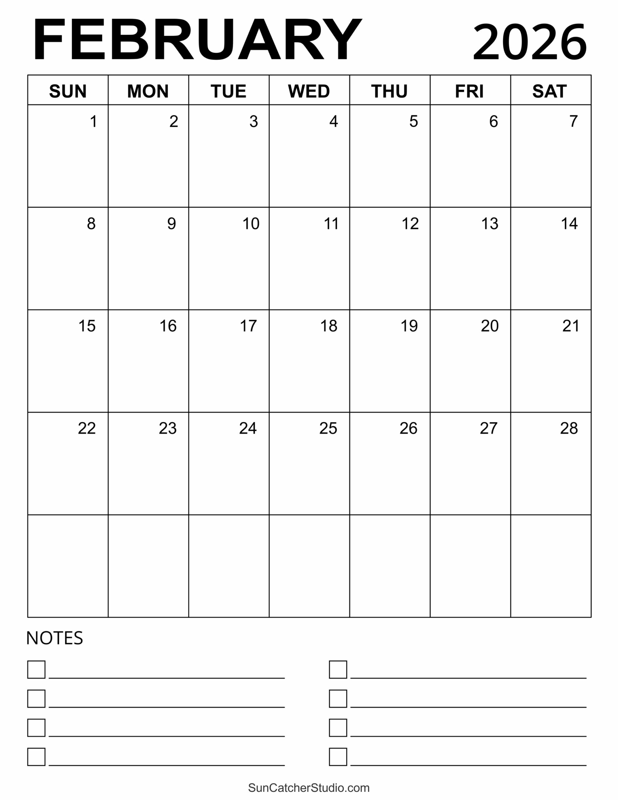 Printable Blank 2026 Calendar February