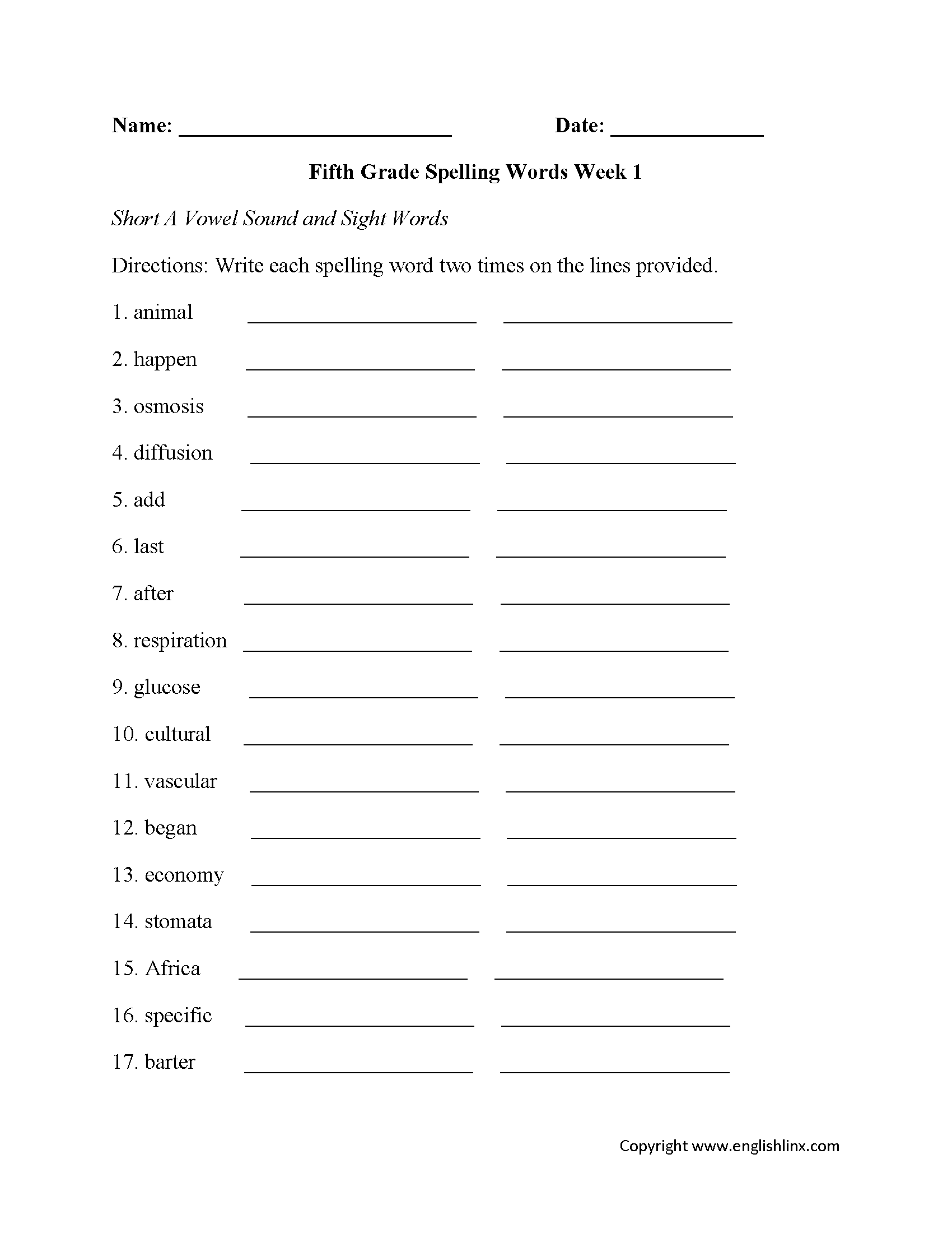 Fifth Grade Spelling Worksheets Printable Word Lists amp Weekly 