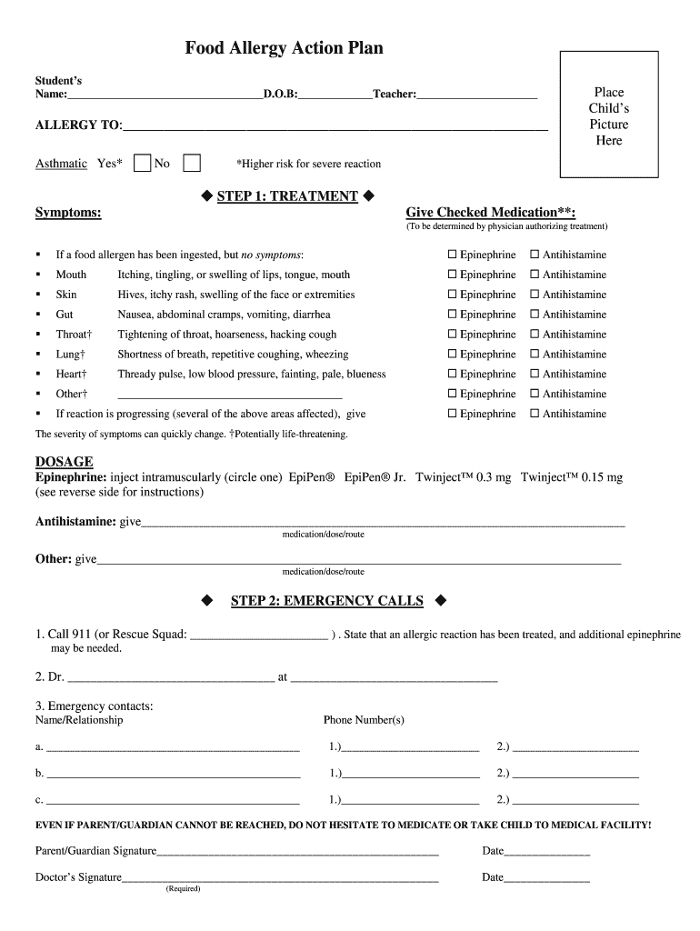 Food Allergy Action Plan Form Fill Online Printable Fillable 