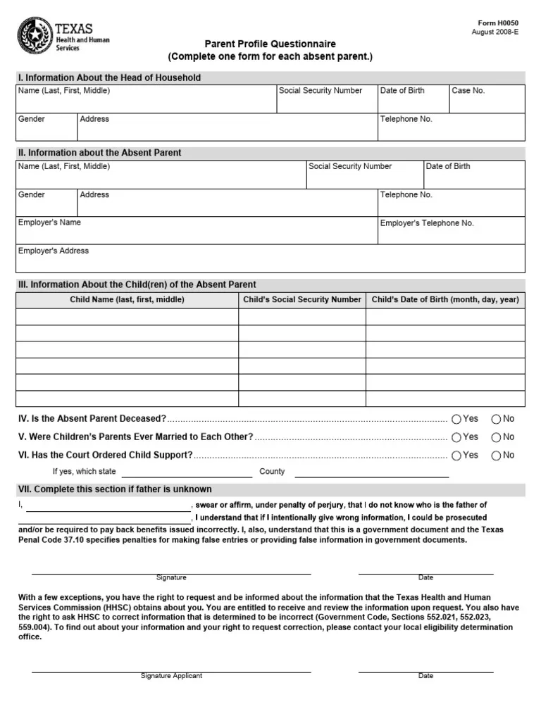 Forhtml Form H0050 Parent Profile Questionnaire Texas PDF 
