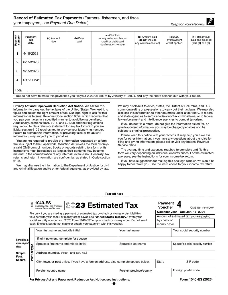 Printable Form 1040-Es