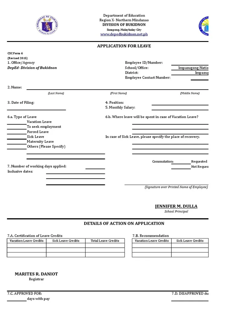 Form 6 Blank PDF Leave Of Absence Sick Leave