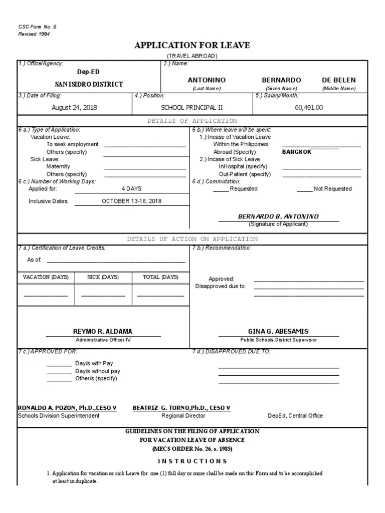 Form 6 LEAVE 1 PDF Leave Of Absence Sick Leave