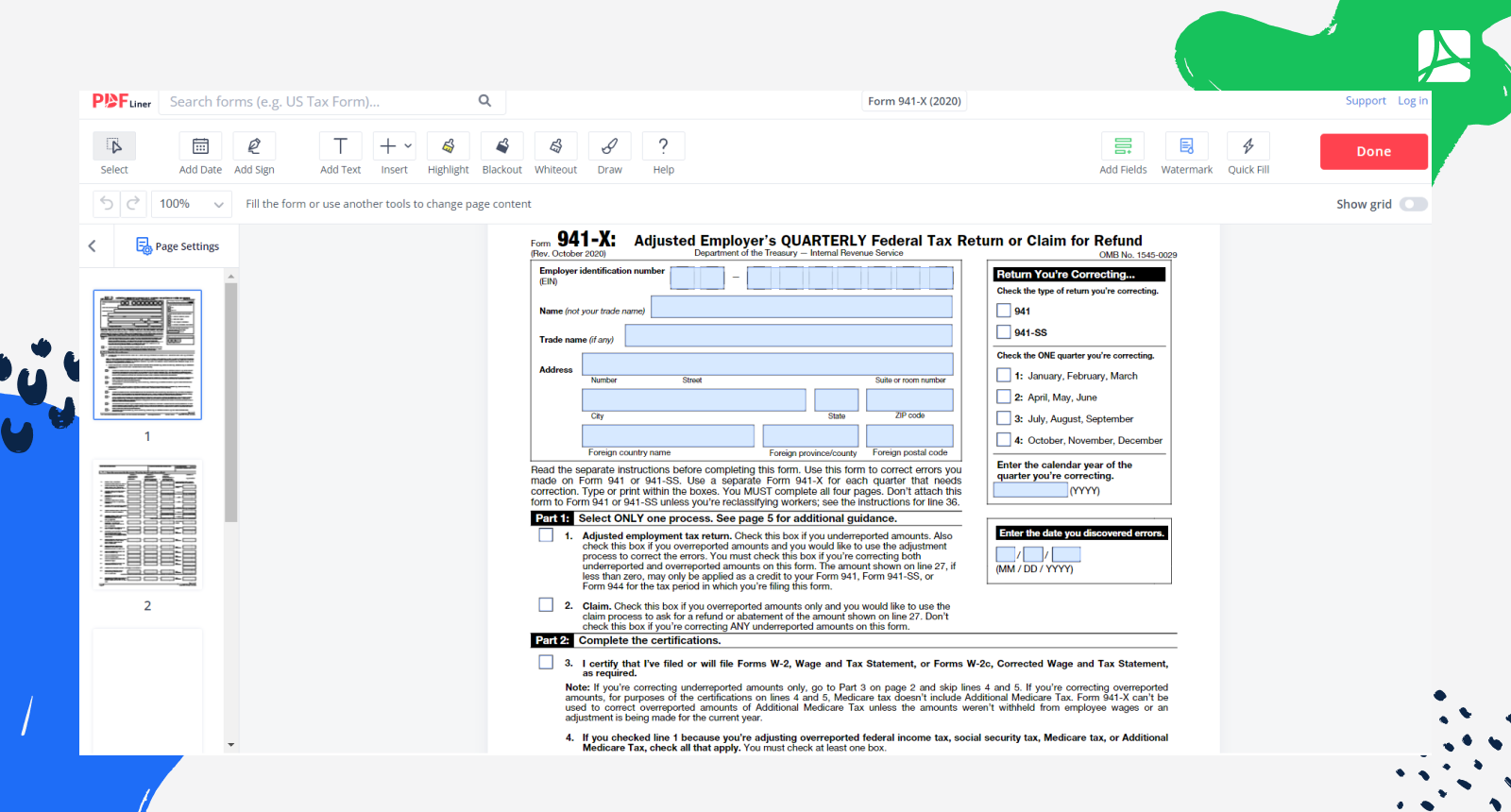 Form 941 X 2020 Print And Sign Form Online PDFliner