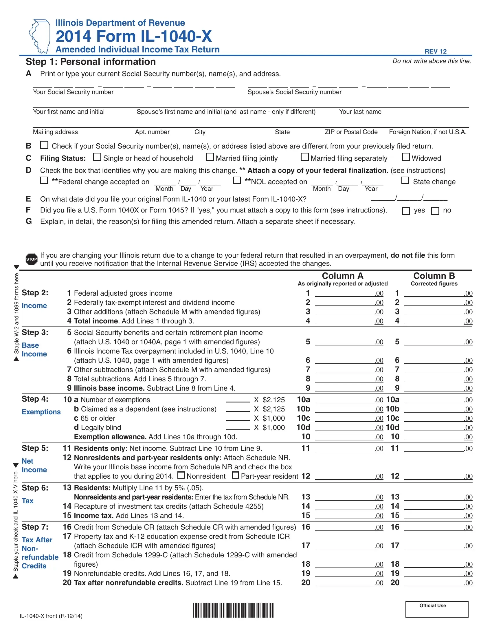 Form Il 1040 X Fill Out Printable PDF Forms Online