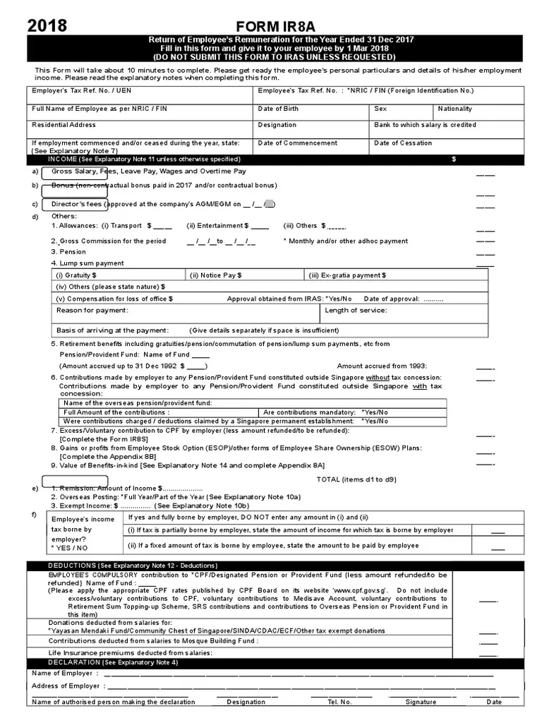 Form IR8A YA 2018 PDF Pension Employment