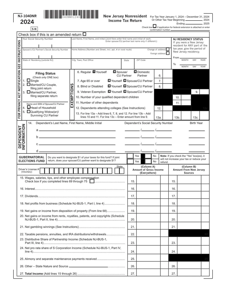 Form NJ 1040NR Fill And Sign Online With Lumin