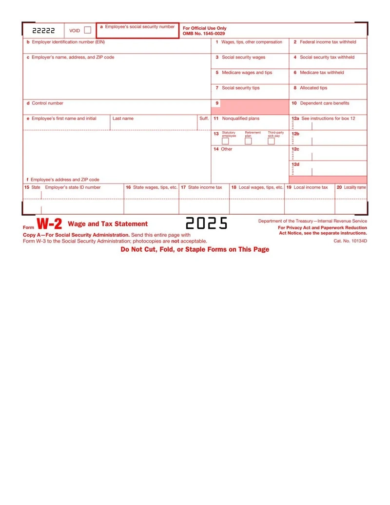 W2 Printable Form 2025