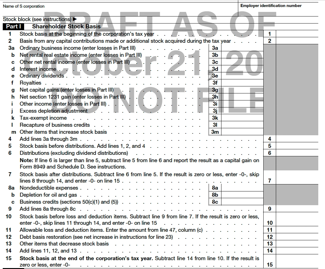 Formal Draft Of Proposed Form 7203 To Report S Corporation Stock 