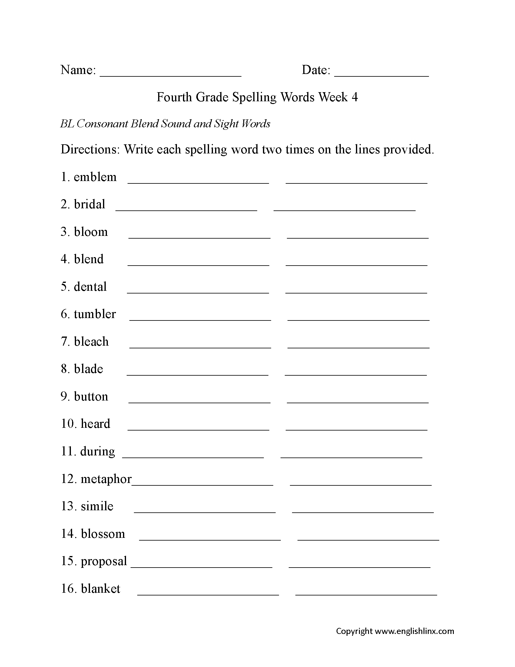 Fourth Grade Spelling Worksheets Free Printable Word Lists 