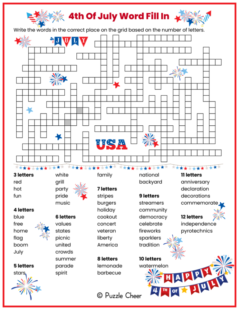 Fourth Of July Crossword Puzzle Printable
