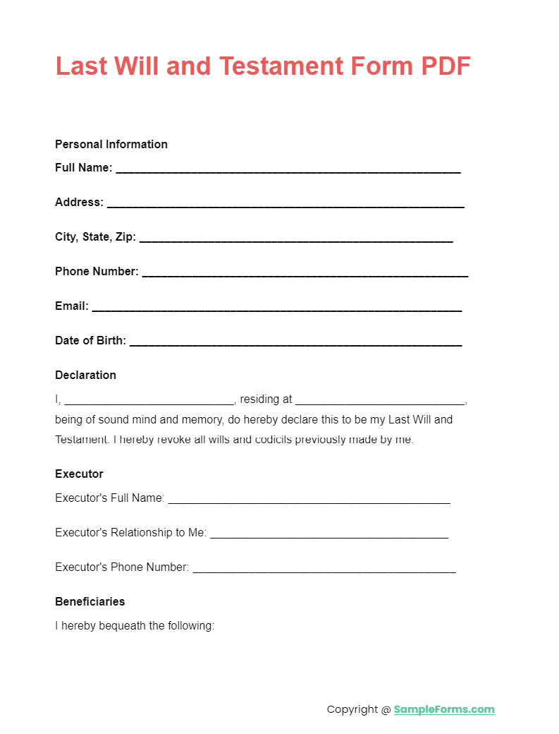 Simple Printable Will Form
