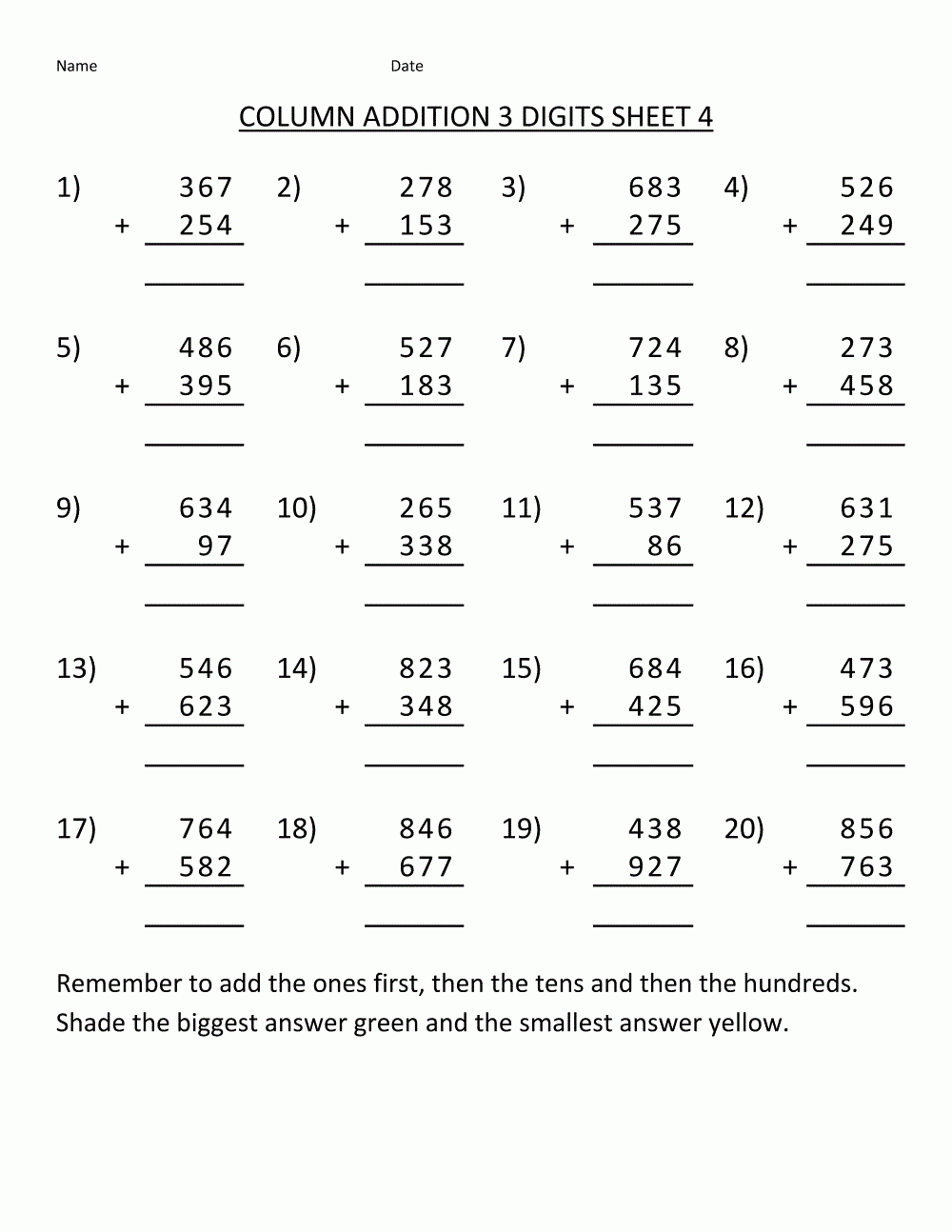 Printable Math Addition Worksheets Grade 4