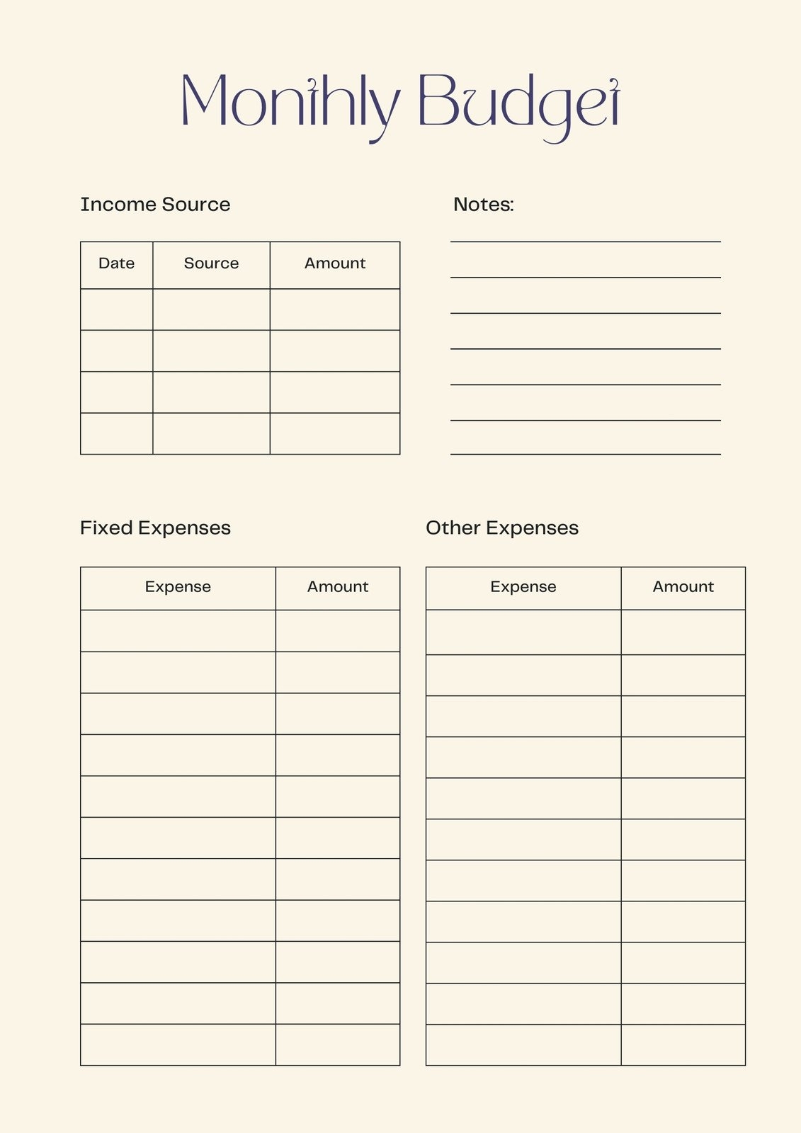 Monthly Budget Worksheet Printable Template