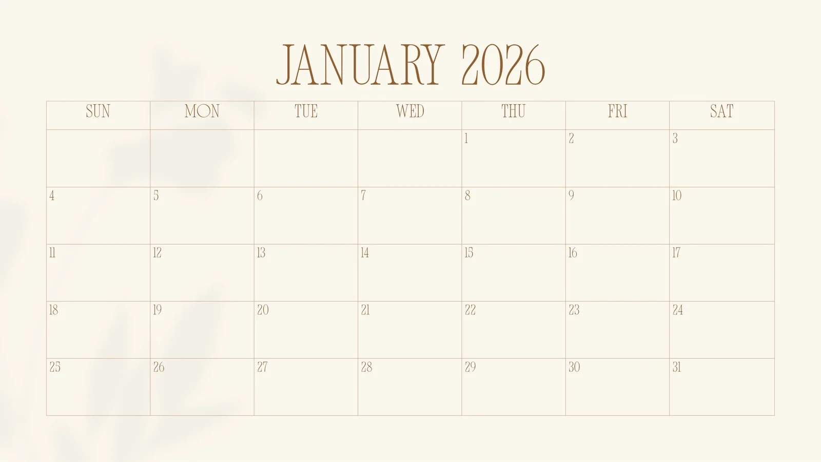 January 2026 Monthly Calendar Printable
