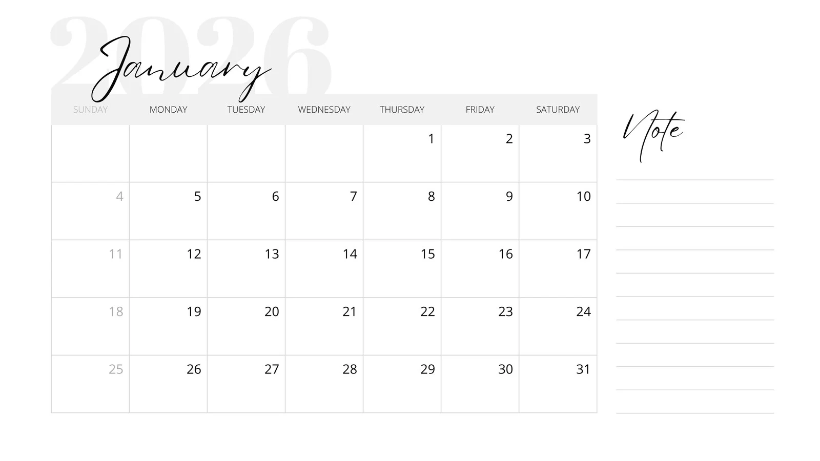 Blank Printable Monthly 2026 Calendar