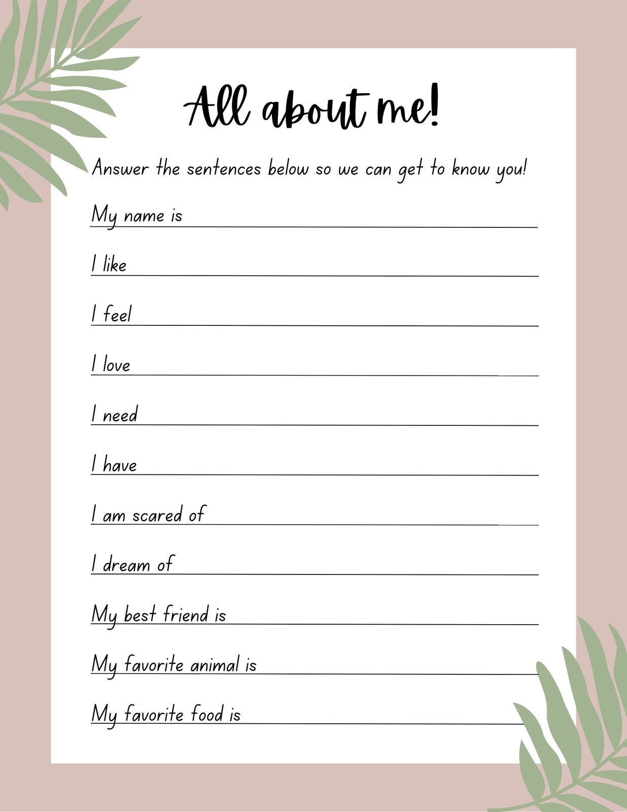 Free Printable All About Me Template For Adults