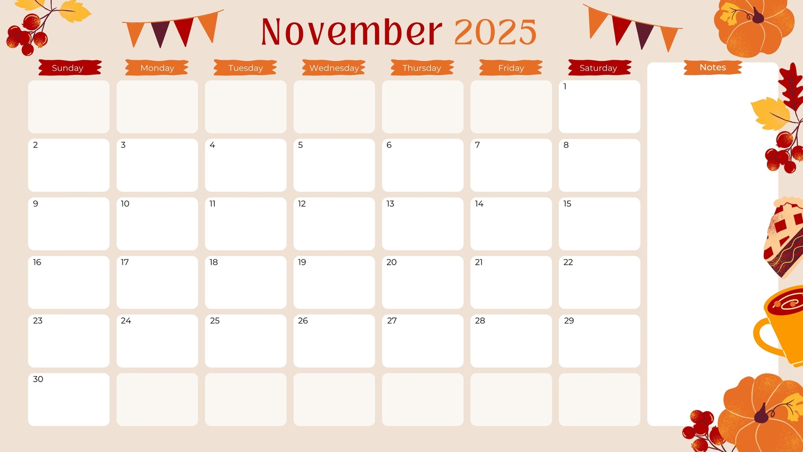 November Calendar Printable Template