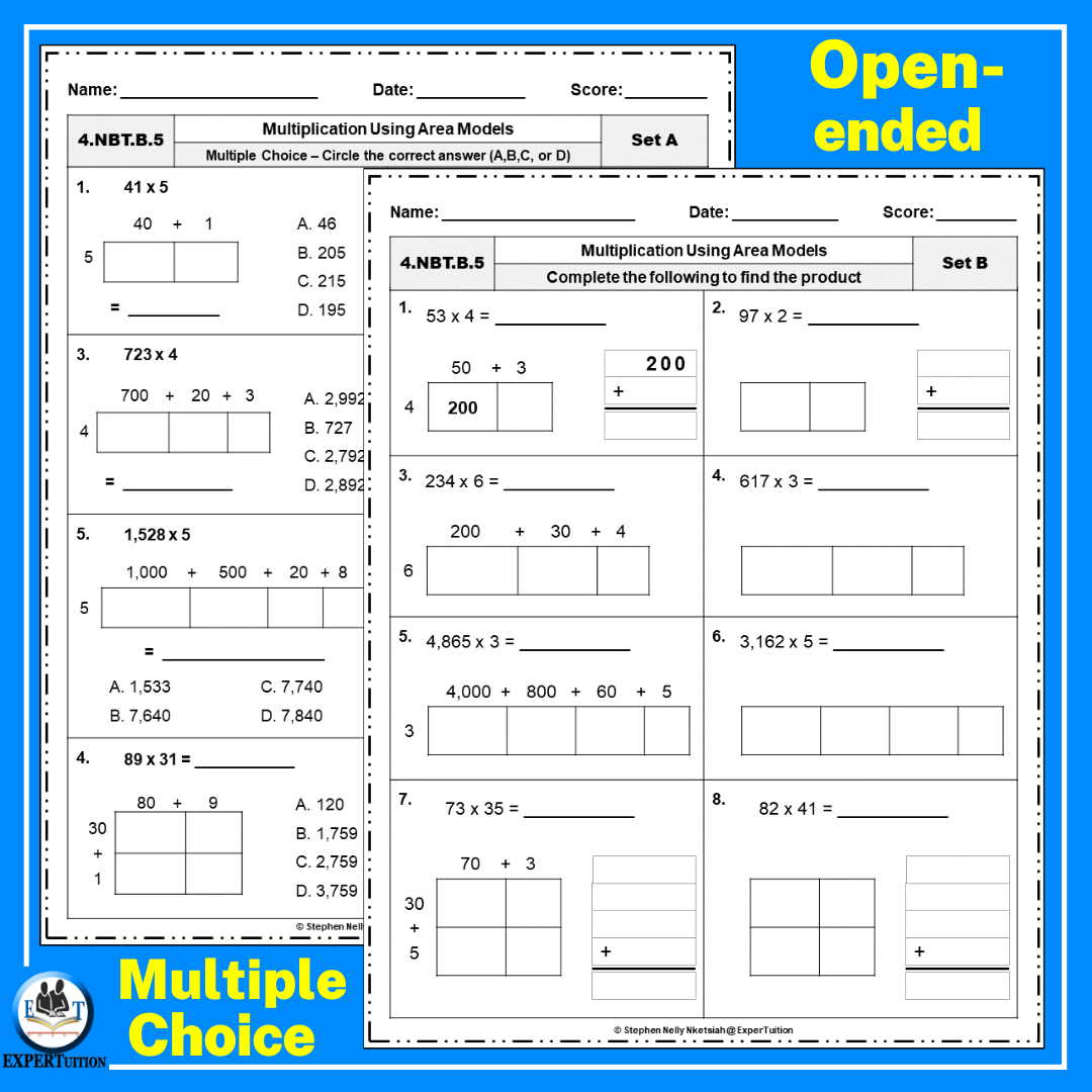 Free Area Model Multi Digit Multiplication Worksheets Made By 