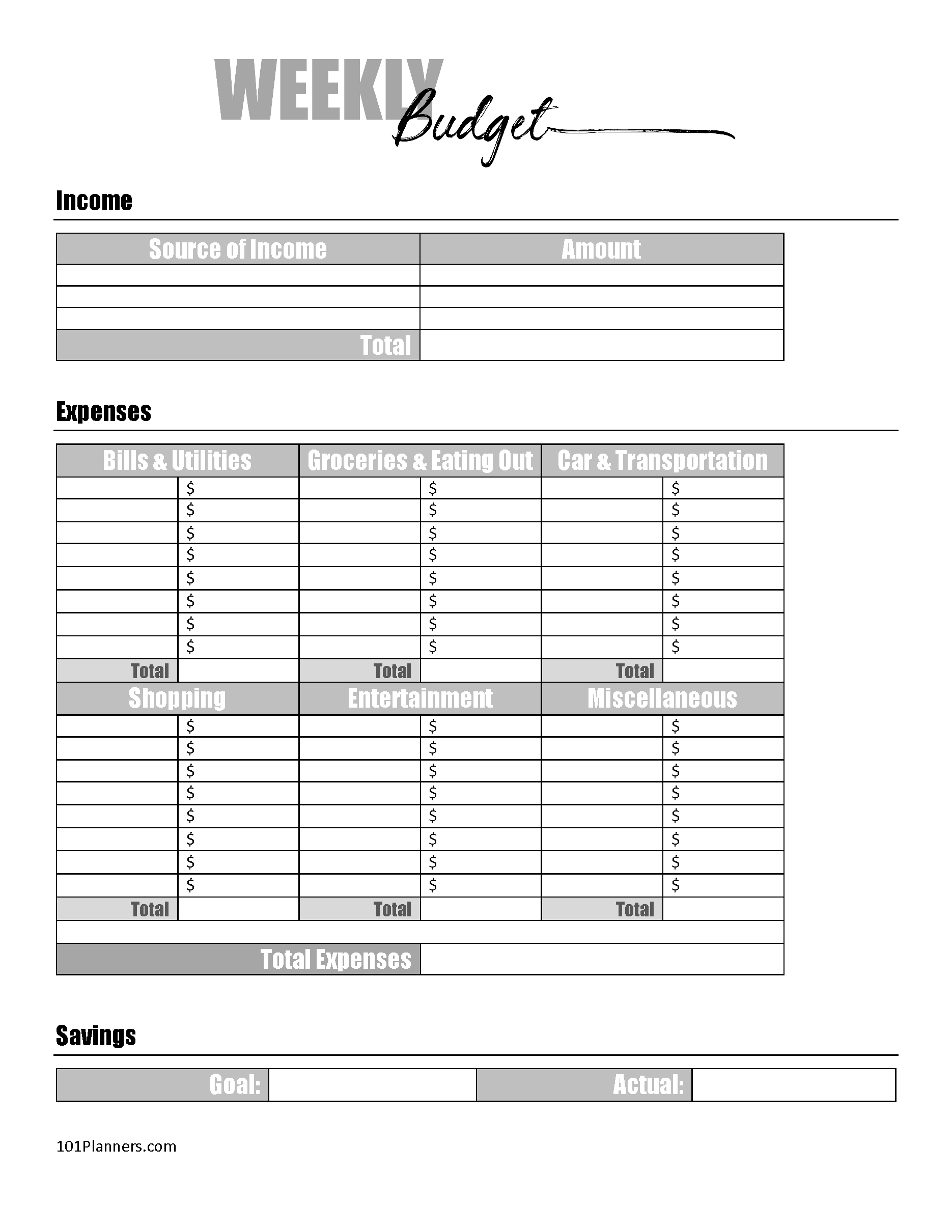 Free Budget Printable Template