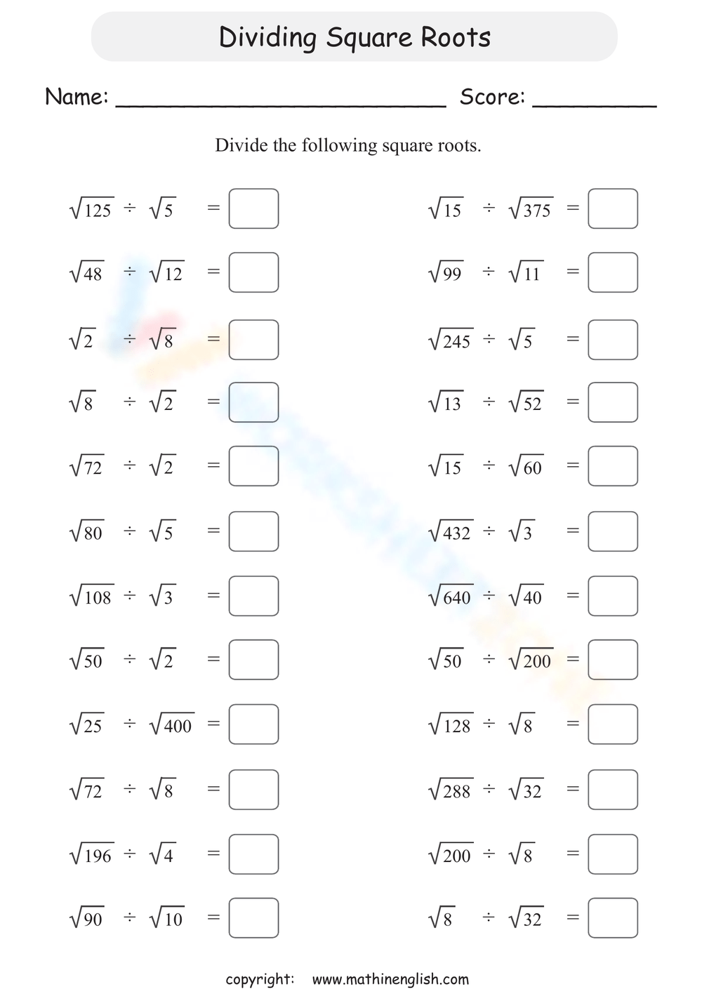 Free Printable Square Root Worksheets