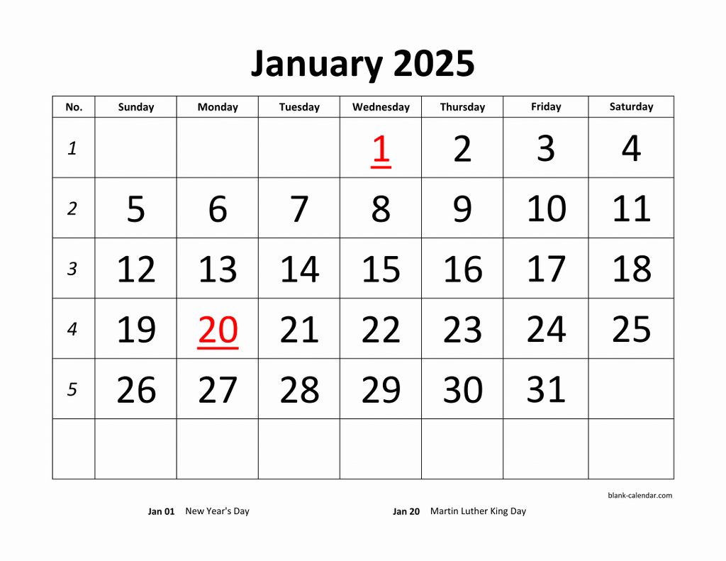 Free Download Printable Calendar 2025 Large Font Design 