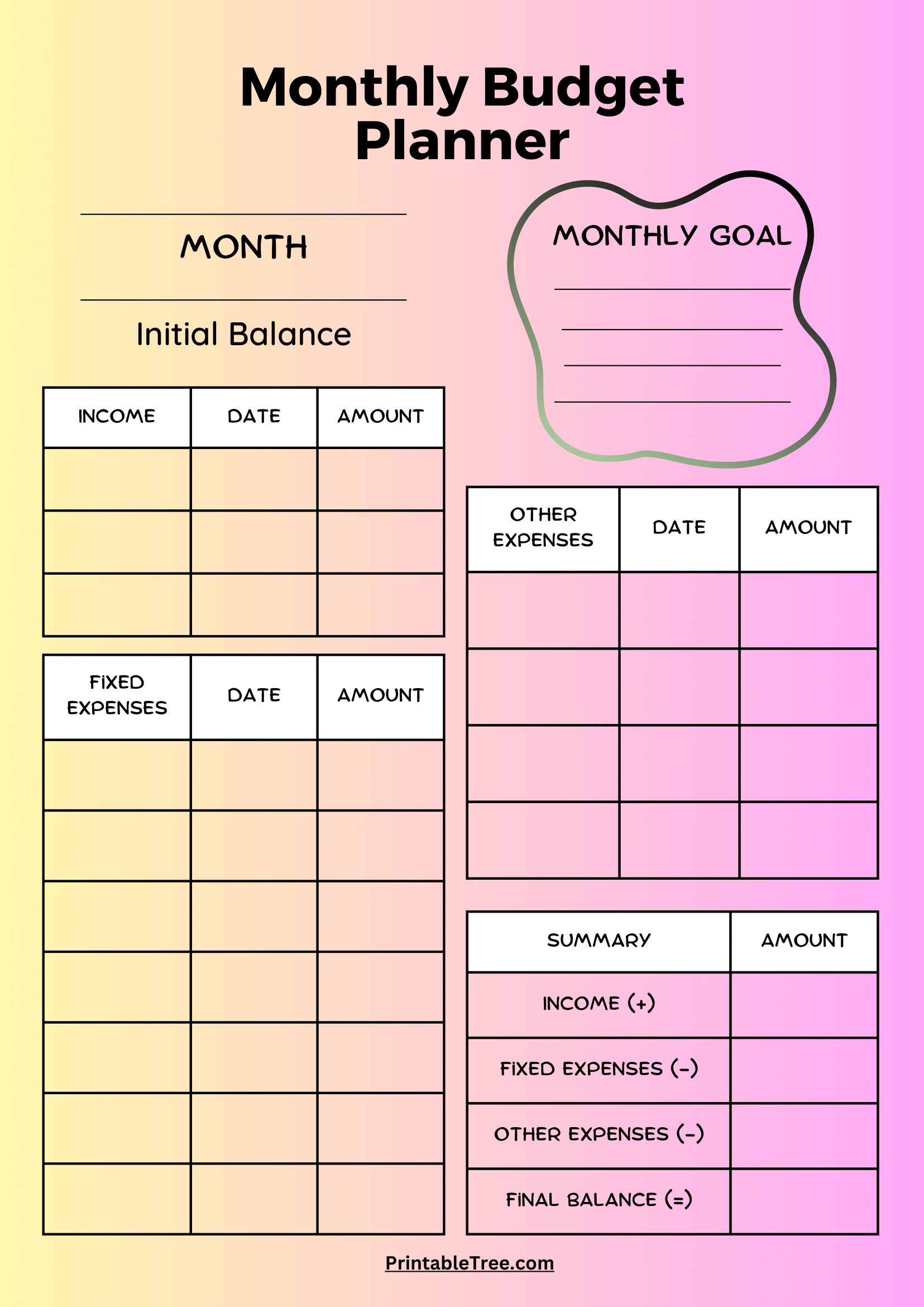 Printable Monthly Budget Template