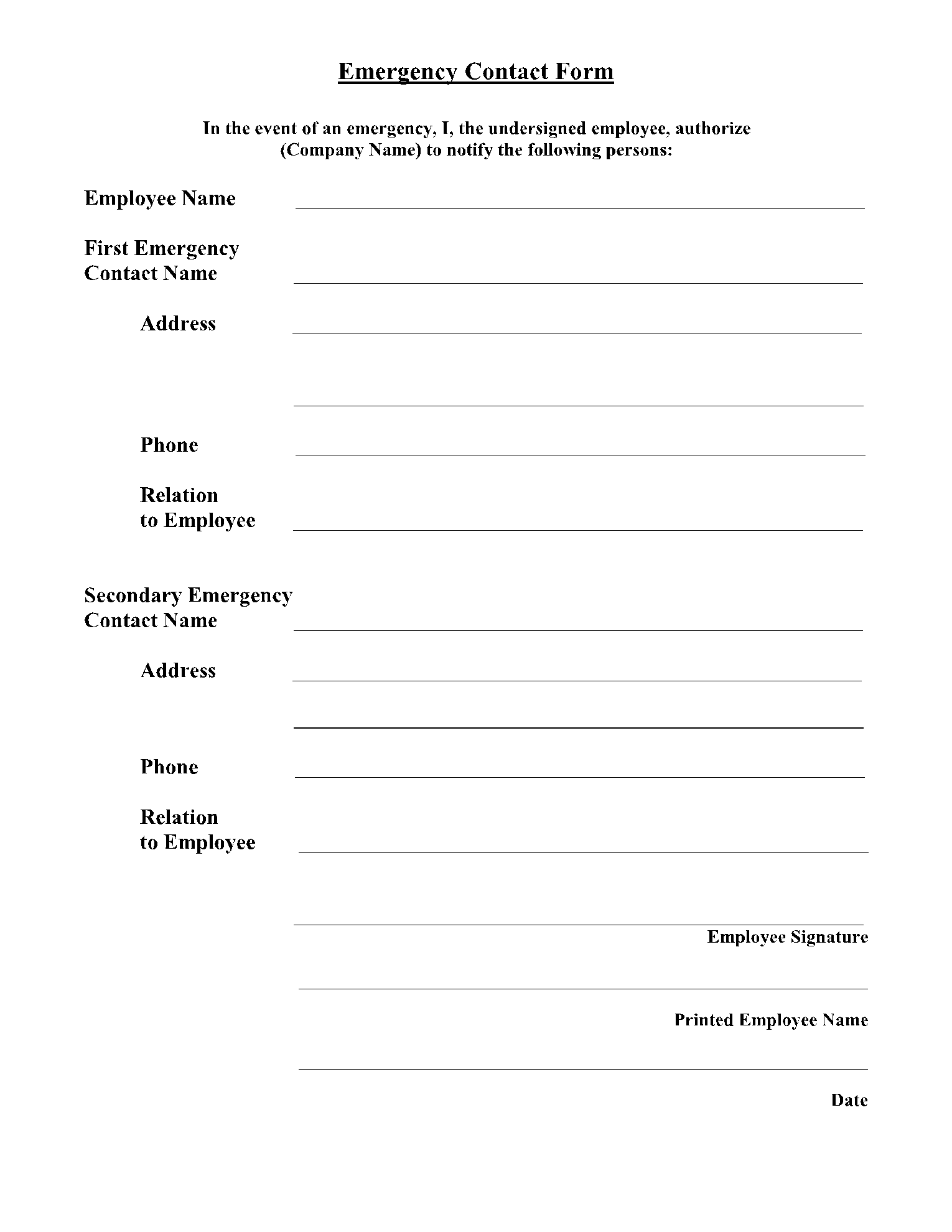 Downloadable Printable Employee Emergency Contact Form Template