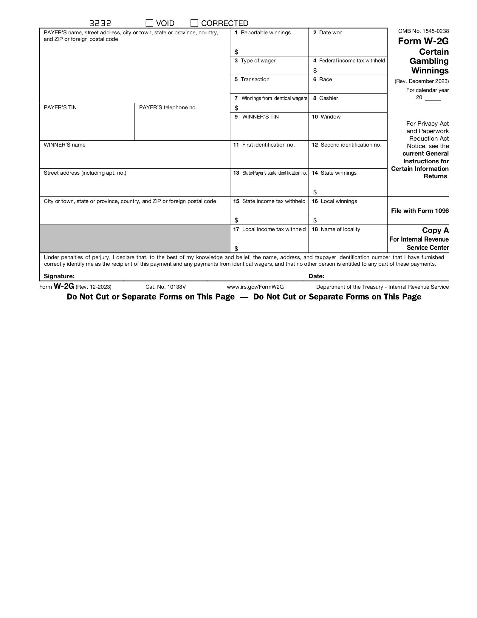 Free IRS Form W 2G Certain Gambling Winnings PDF EForms