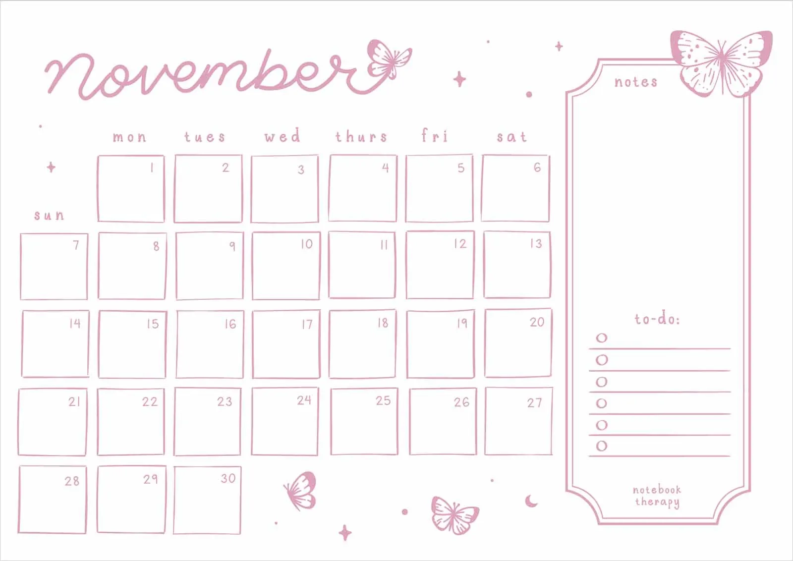 Printable November Bullet Journal November Calendar