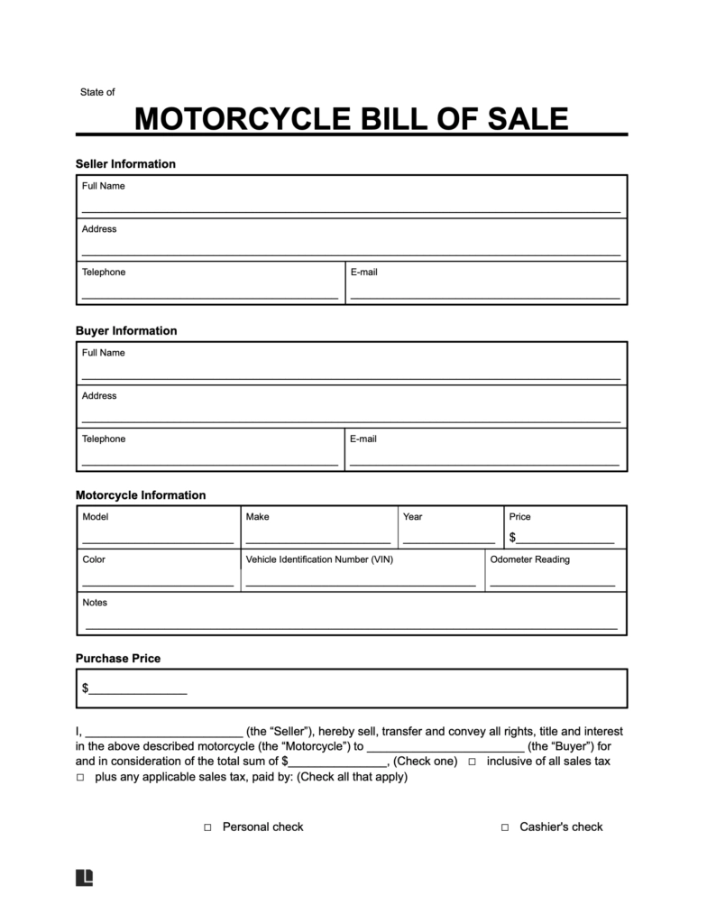 Free Motorcycle Bill Of Sale Form PDF amp Word