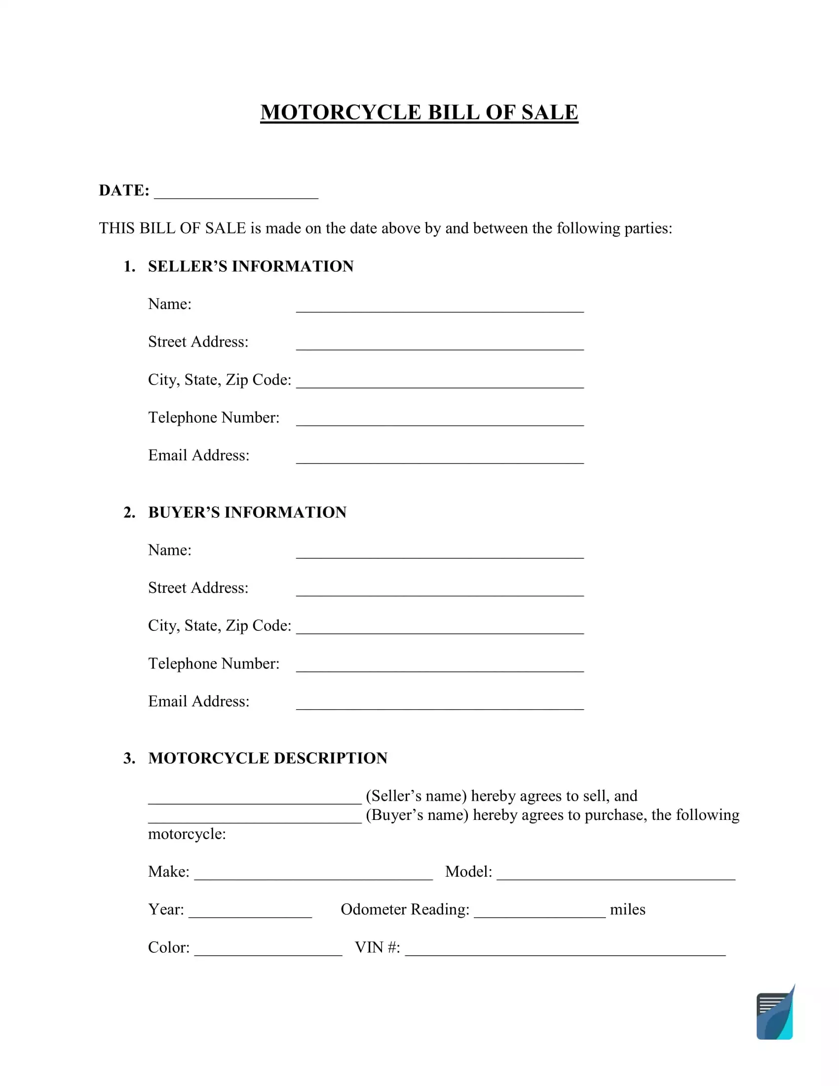 Bill Of Sale Form Printable For Motorcycle