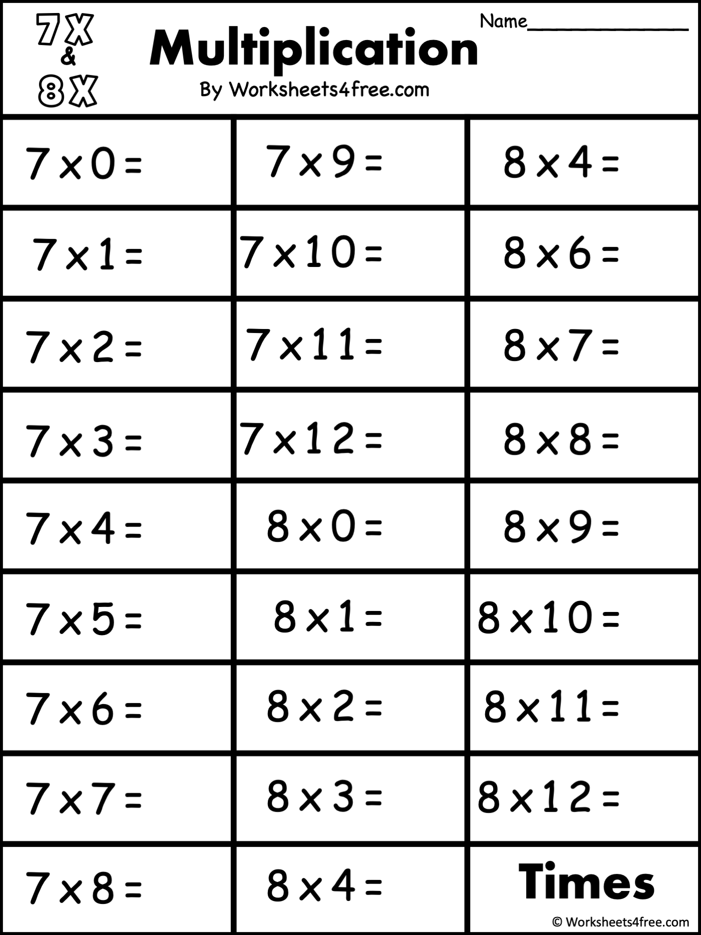 Free Multiplication Worksheet 7s amp 8s Worksheets4Free