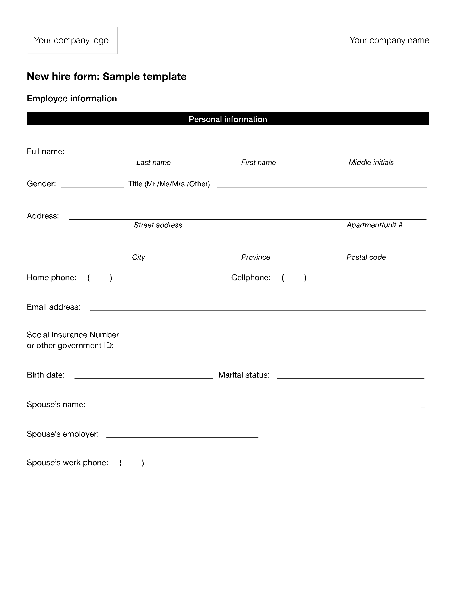 New Employee Information Form Printable