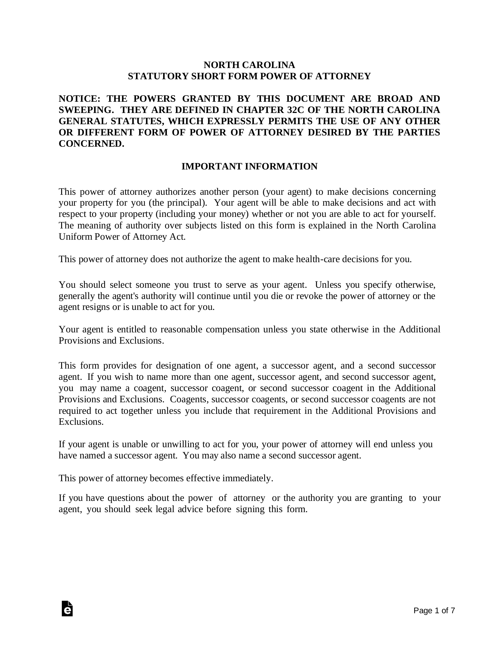 Free North Carolina Durable Statutory Power Of Attorney Form 