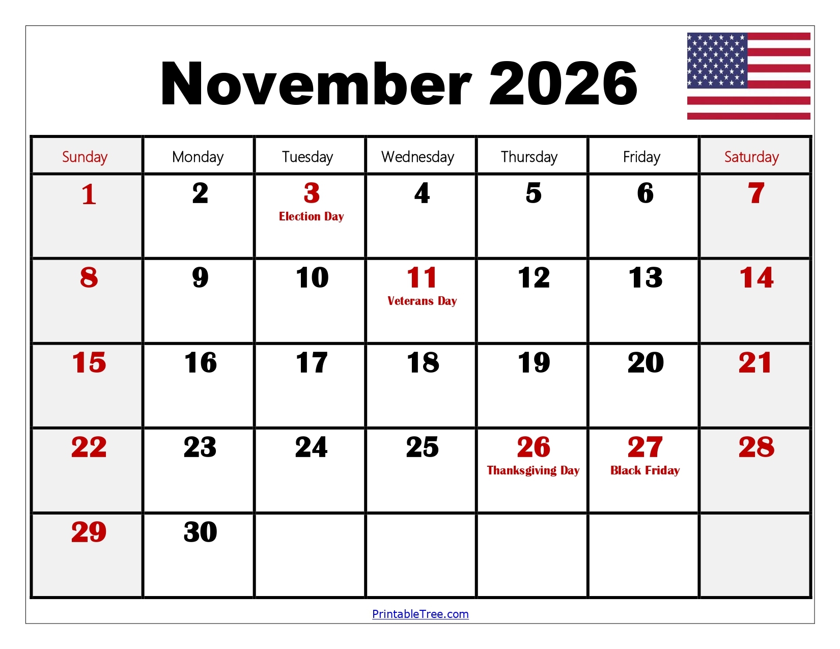 2026 Calendar Printable Monthly November