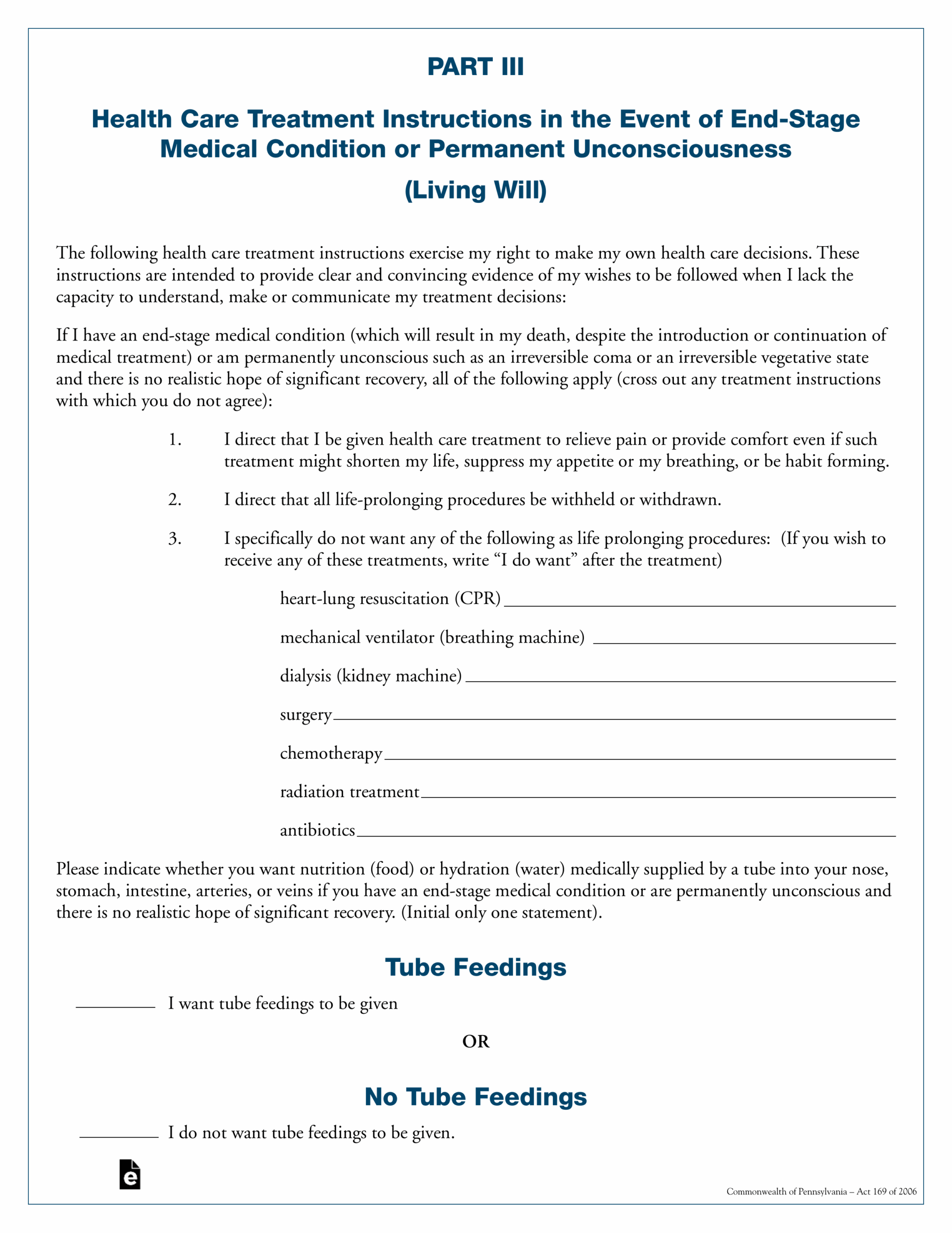 Free Pennsylvania Living Will Form Template PDF EForms