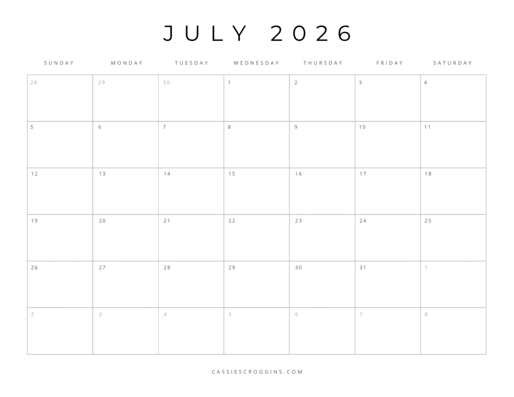 Blank Calendar July 2026 Pdf