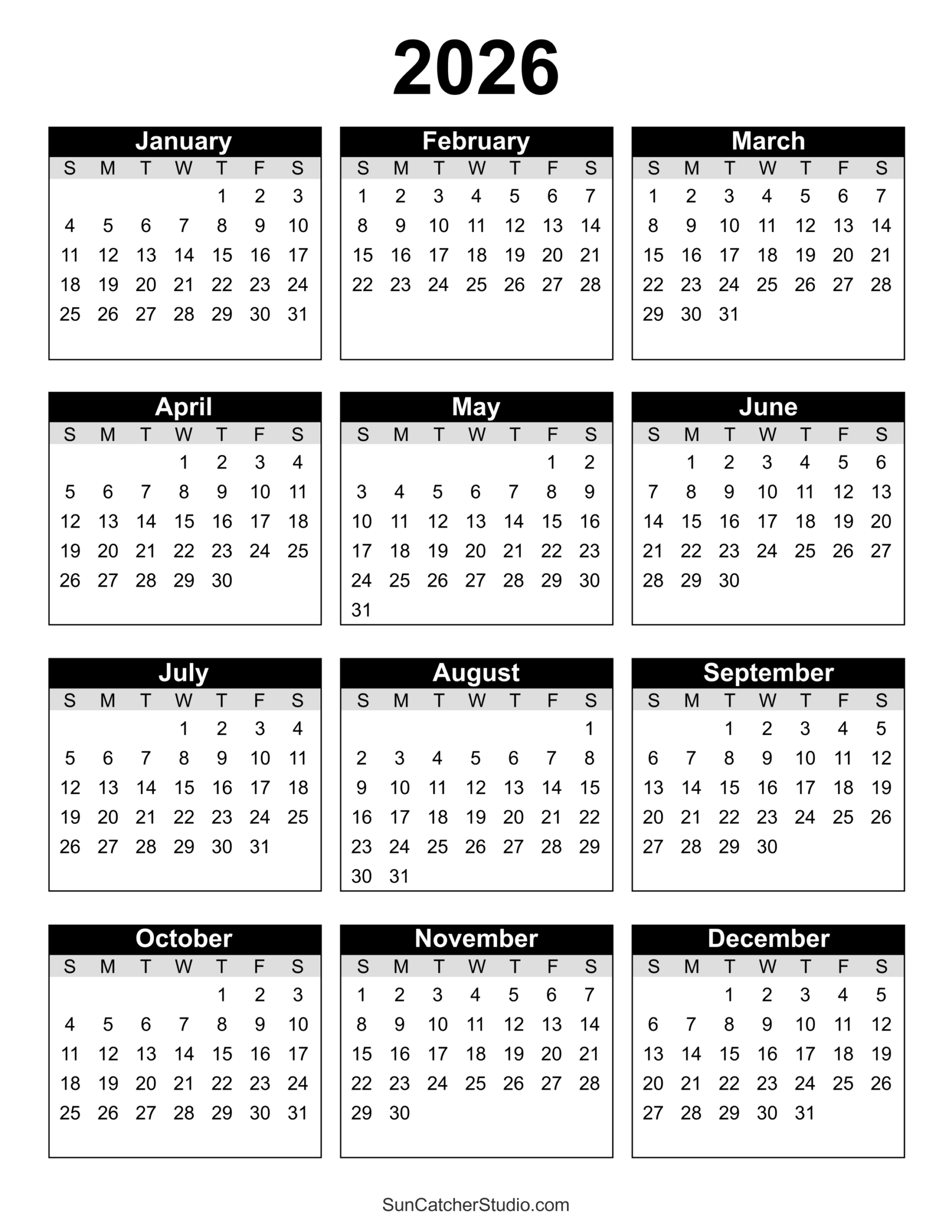 Free Printable 2026 Yearly Calendar Free Printables Monograms 