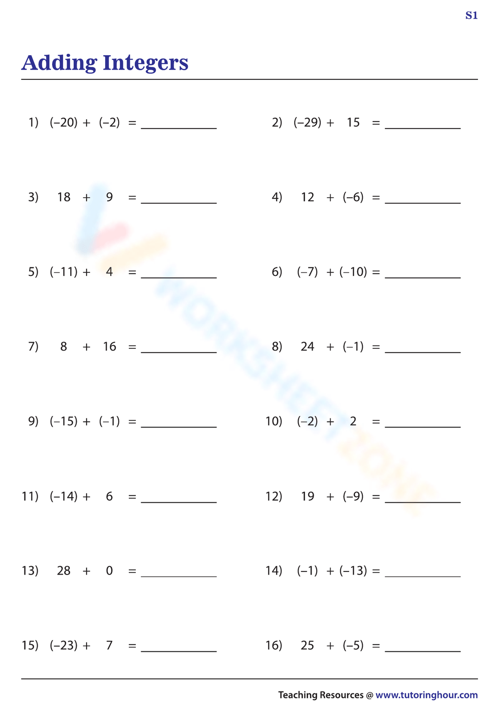 Free Printable Adding Integers Worksheets