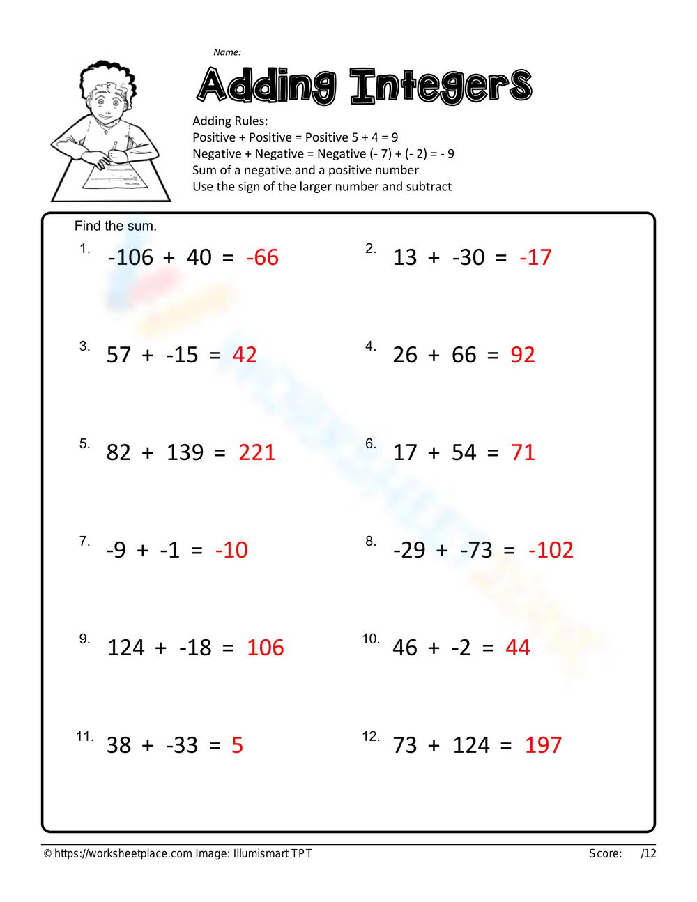 Free Printable amp amp Interactive Adding Integers Worksheets 