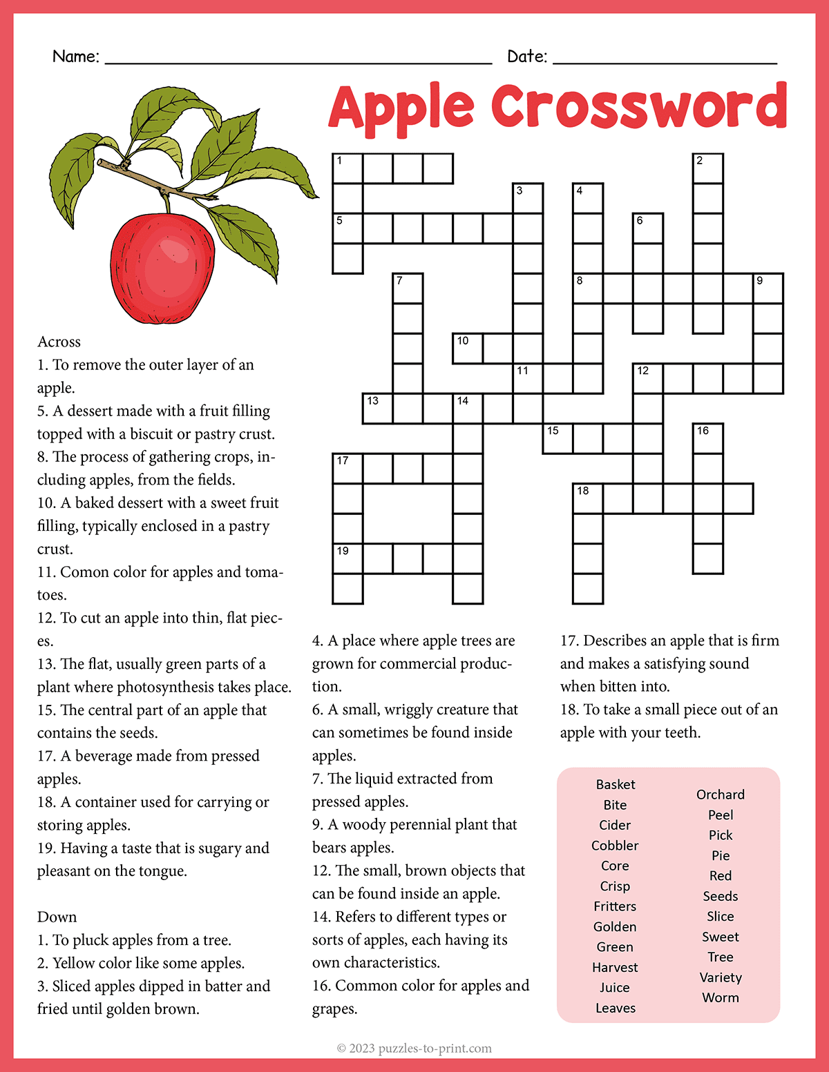 Free Printable Apple Crossword